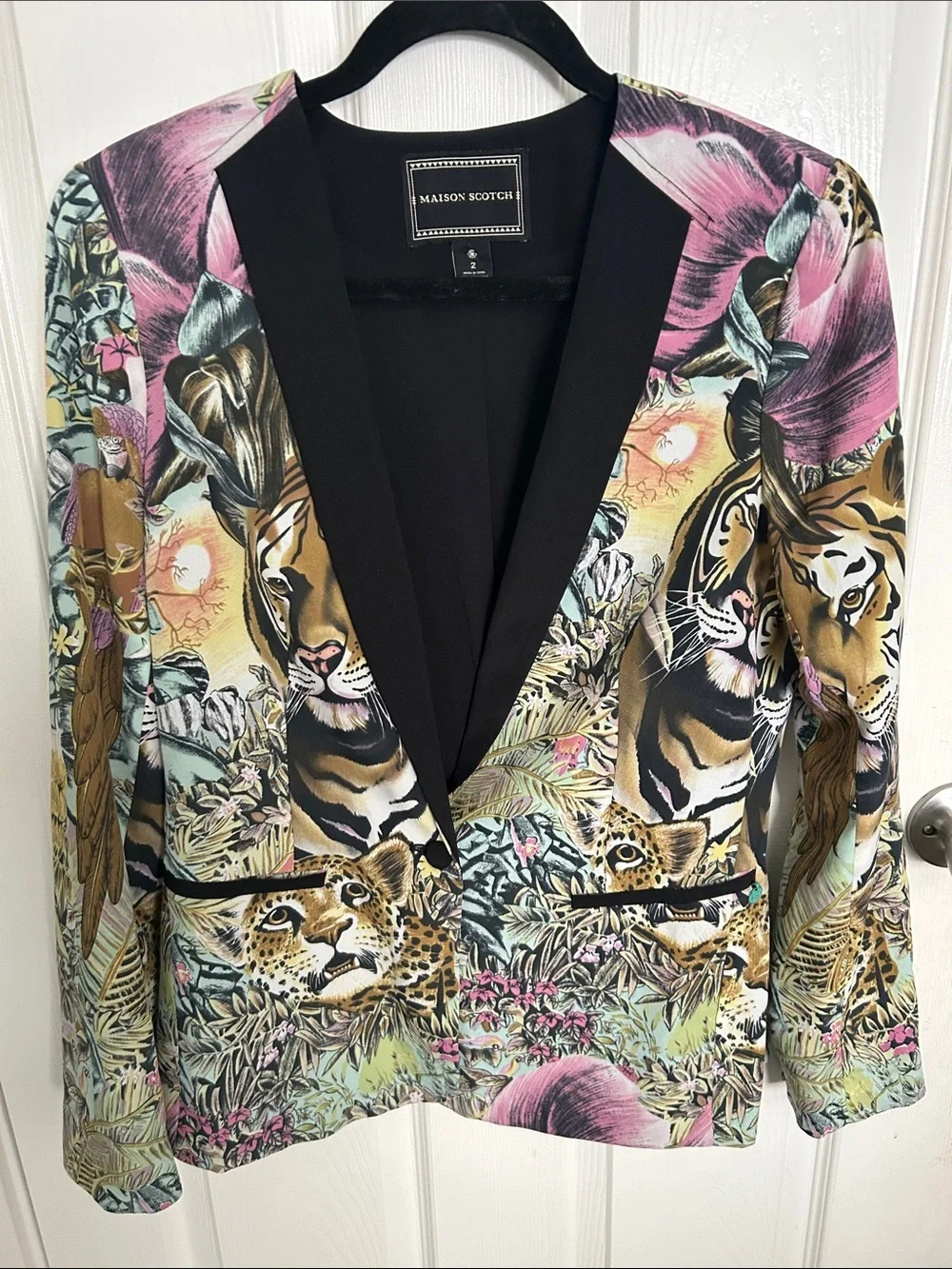 Maison Scotch Multicolor Tiger & Floral Print Blazer with Black Lapel - Picture 1 of 6
